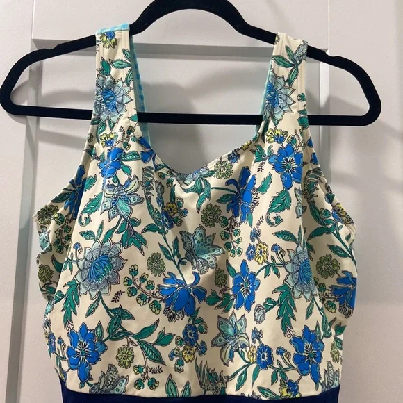 EUC Women’s Lands End One-Piece Blue Floral Gingham Check Swim Bathing Suit 18W - Picture 2 of 9